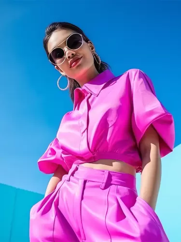 a woman wearing sunglasses and a pink shirt