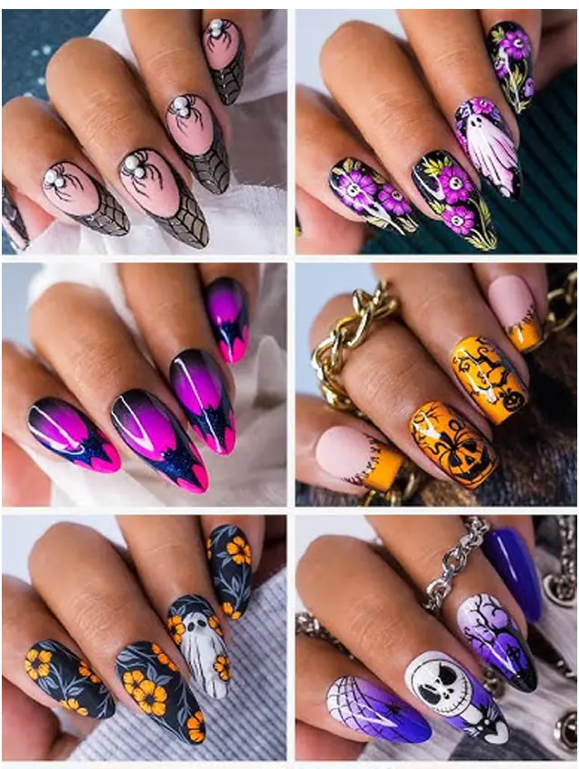 Trendy Halloween Nails Spooky Characters: From classic ghosts and ghouls to intricate designs of your favorite horror movie characters, these detailed artworks turn your nails into a horrifying masterpiece. Chic Spider Webs: Sleek and simple, spider web designs can be executed in a variety of colors against a contrasting base, making a stylish yet spooky statement. Blood Drip Effect: Nothing screams "Halloween" like the look of dripping blood. Opt for a glossy red over a nude or black base to achieve this chilling effect. Pumpkin Patch Art: Embrace the spirit of fall with cute pumpkin designs. Use oranges, yellows, and greens to create a mini pumpkin patch right at your fingertips.